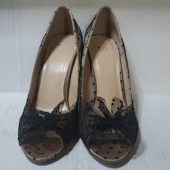 Heart In D Peep Toe Black Tan Pokadot Heels - Picture 4 of 16